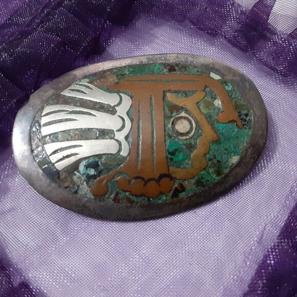 Vintage Aztec Warrior Alpaca Mexico Silver Abalone Inlay Brooch Pin Pendant - Picture 4 of 5